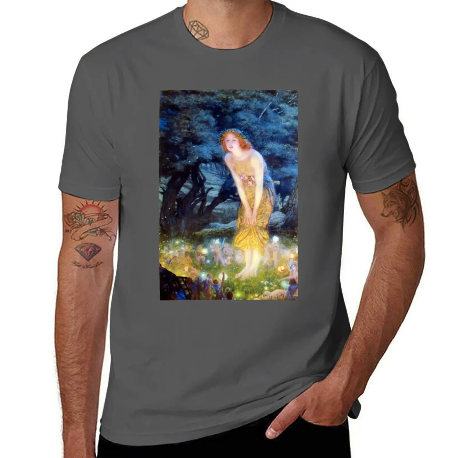Raphaelite Mid-Summer's fairies, art Pre Eve of vintage circle T-Shirt Simple Casual Short Sleeve Cotton T-Shirt