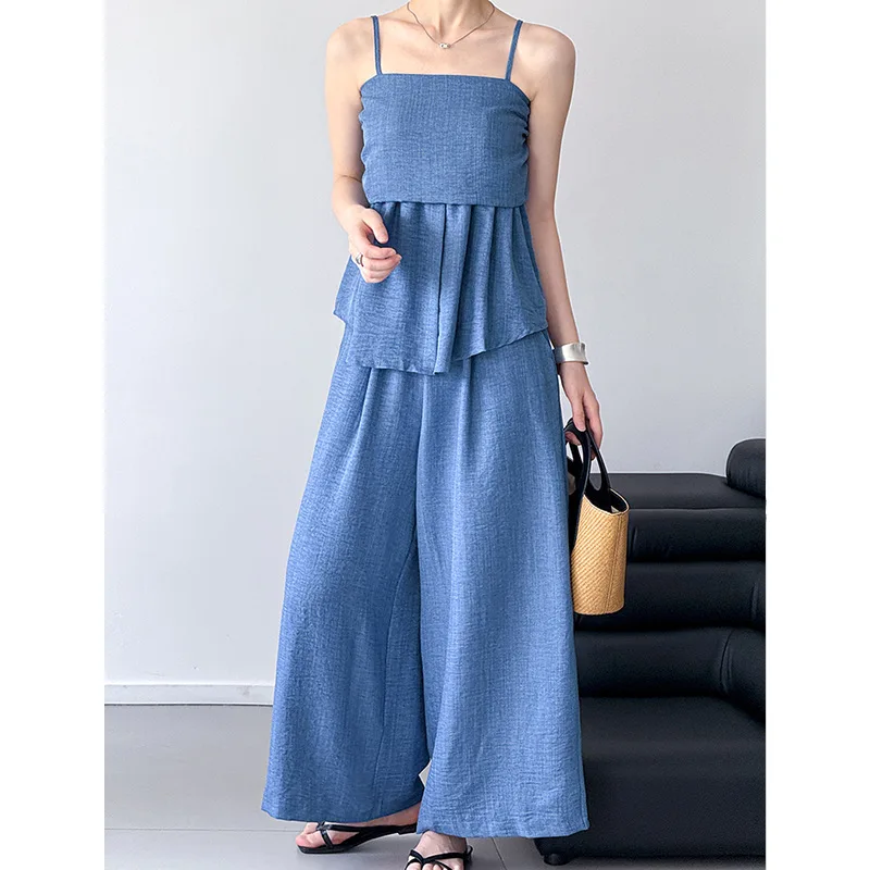 

Корейский однотонный топ-бретелька, женский комплект из двух предметов, модные повседневные широкие брюки, новинка 2023 года.