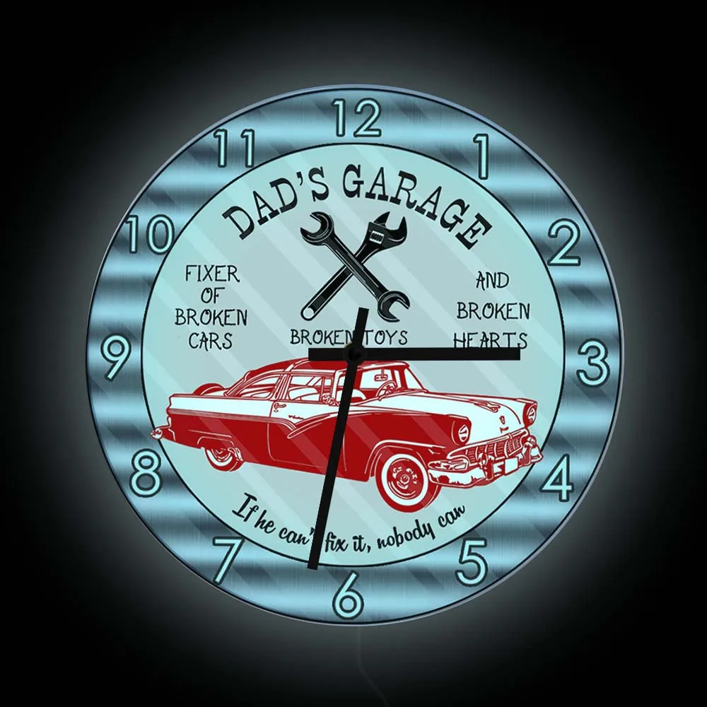 Dad's Garage Retro Wall Clock With LED Backlight Man Cave Room Decor Repair Workshop Neon Light Sign Color Change Glowing Clock