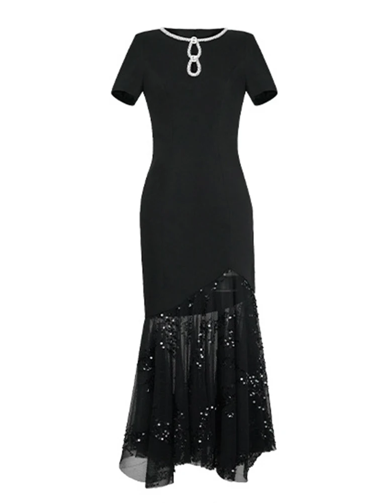 Damska Luksusowa Elegancka Czarna Sukienka z Cekinami, Nieregularny Krój Rybki, Damska Szykowna Ażurowa Przezroczysta Sukienka z Siateczki, Długa Suknia Wieczorowa dla Pani, Vestidos na Imprezę
