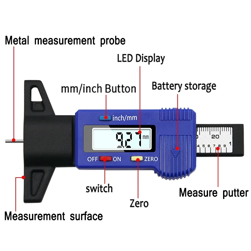 전자 디지털 디스플레이 타이어 트레드 깊이 게이지, 자동차 타이어 트레드 두께 감지 도구, 0-25mm, 1 개