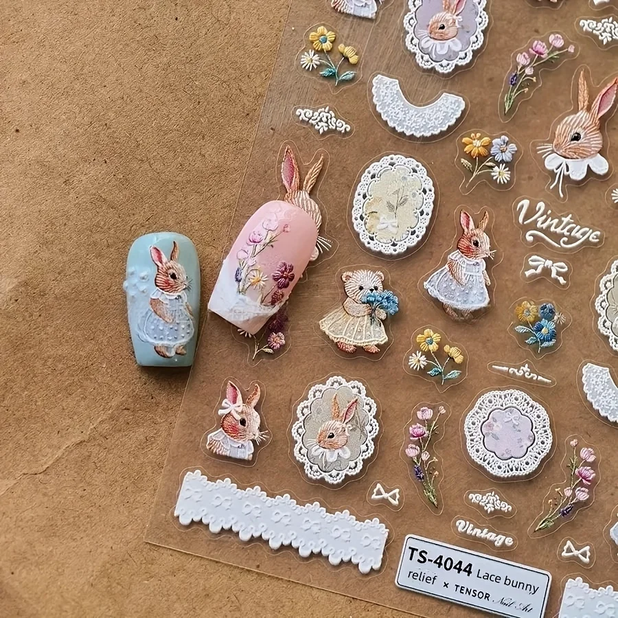 

Винтажные наклейки для ногтей Flower Knows с цветочным кроликом — элегантный кролик с цветами, самоклеящиеся наклейки для ногтей на Пасху, день рождения