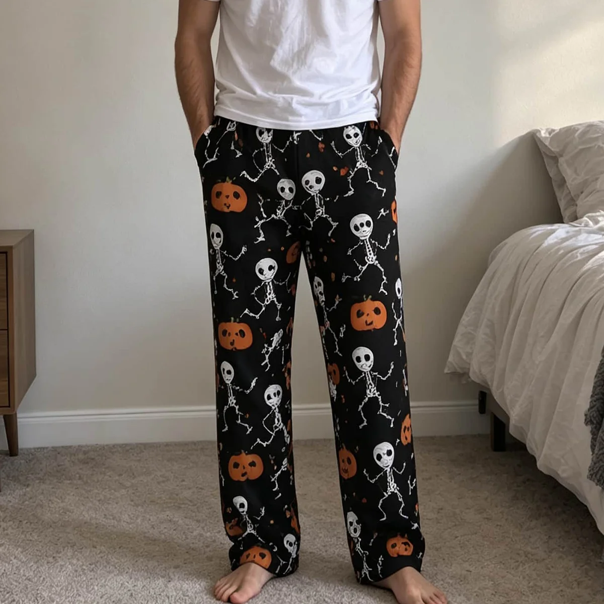 unny Halloween Skull Lounge Pants Elastic Waist Pumpkin Print Holiday Casual Sleepwear Black Skeleton Pyjamas Men Women