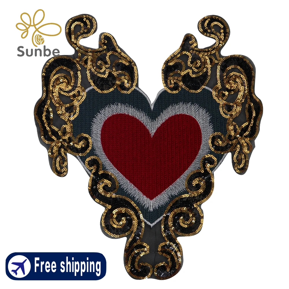 Beaded Gold Sequin Paillette Heart Pattern Patches Embroidery Applique Badges Clothes Decorated Craft Sewing