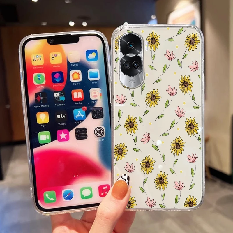 حافظة هاتف لهاتف Honor 90 90 Lite زهرة الشمس الوردي الليمون زهرة الكرمة فروع وأوراق القطط لهاتف Honor 90 قذائف خلفية شفافة