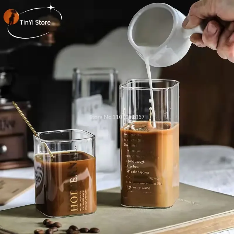 Square Transparent Creative Letter Glass Coffee Tea Mug  Drinks Dessert Breakfast Milk Cup Glass Mugs Handle Drinkware