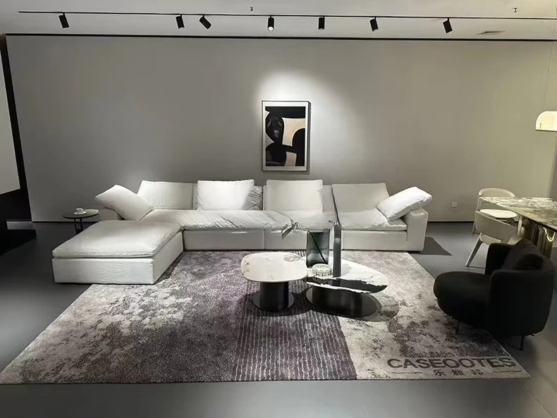 //White 7 Seater Modular Sectional Sofa Set Living Room Furniture Modern Lazy Cloud Sofa Minimalist L Shape Cotton Linen Fabric