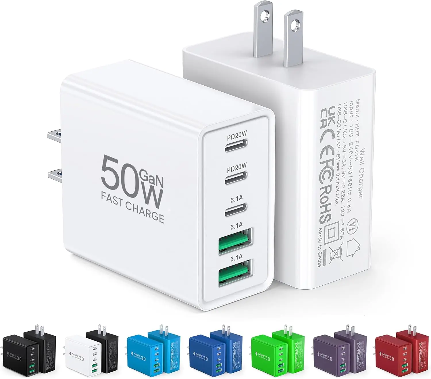 2Pack 50W 5-Port USB Wall Charger: 2 USB-A & 3 USB-C PD3.0 Fast Charging Block for iPhone, Samsung, iPad, AirPods (White)