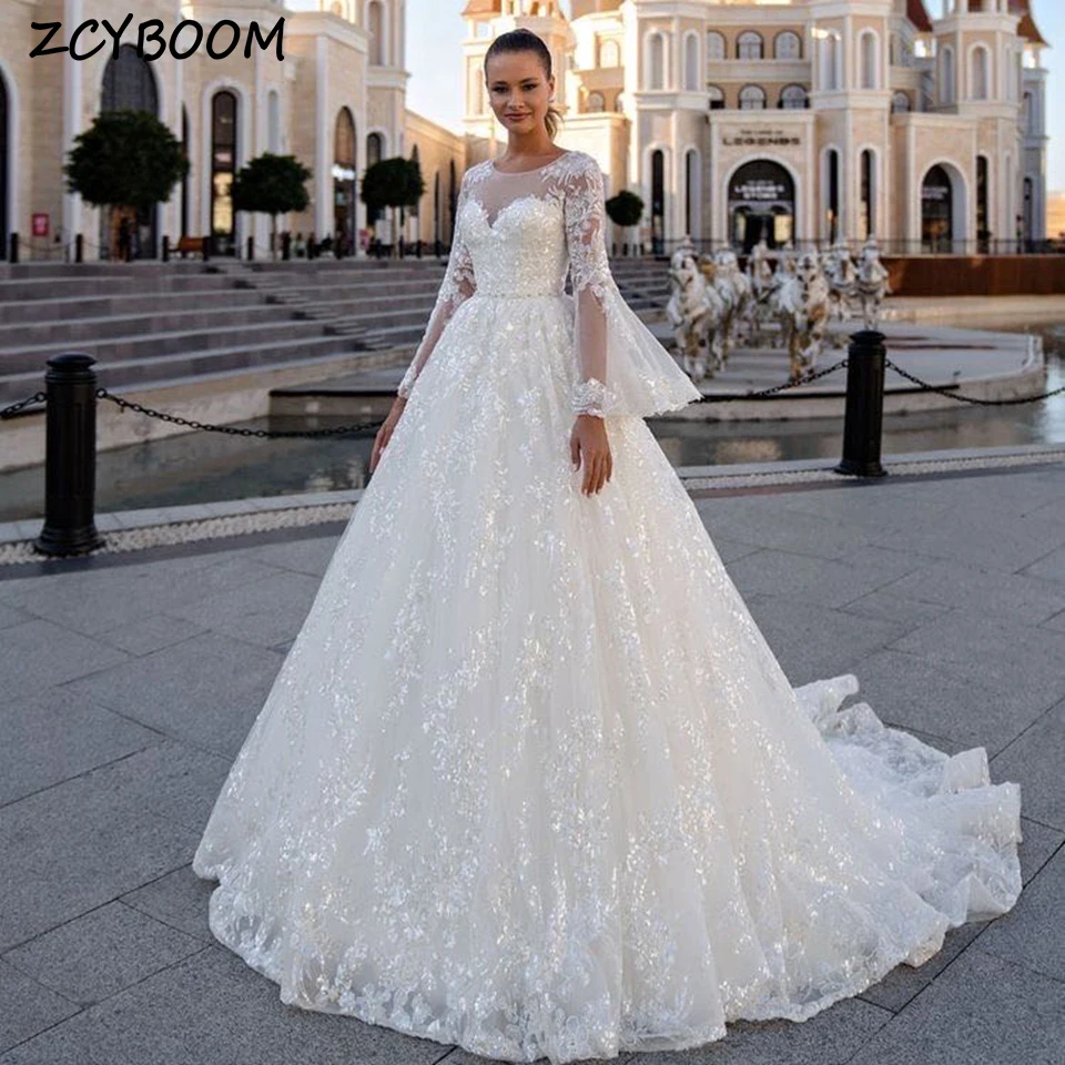 Personalizado o-pescoço lantejoulas apliques mangas alargamento vestido de casamento 2024 a linha até o chão trem varredura feito sob encomenda vestido de noiva