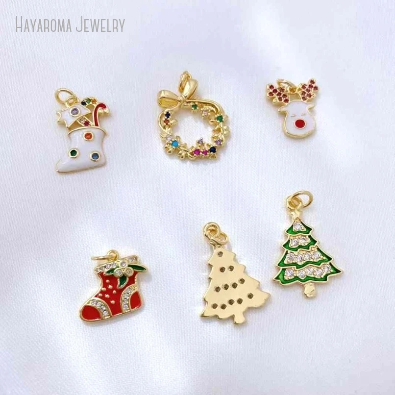 10Pcs Wholesale Plant Tree Shape Stocking Buddhism Copper Enamel Metal Cubic Zirconia Gold Color Invisible Setting Pendant