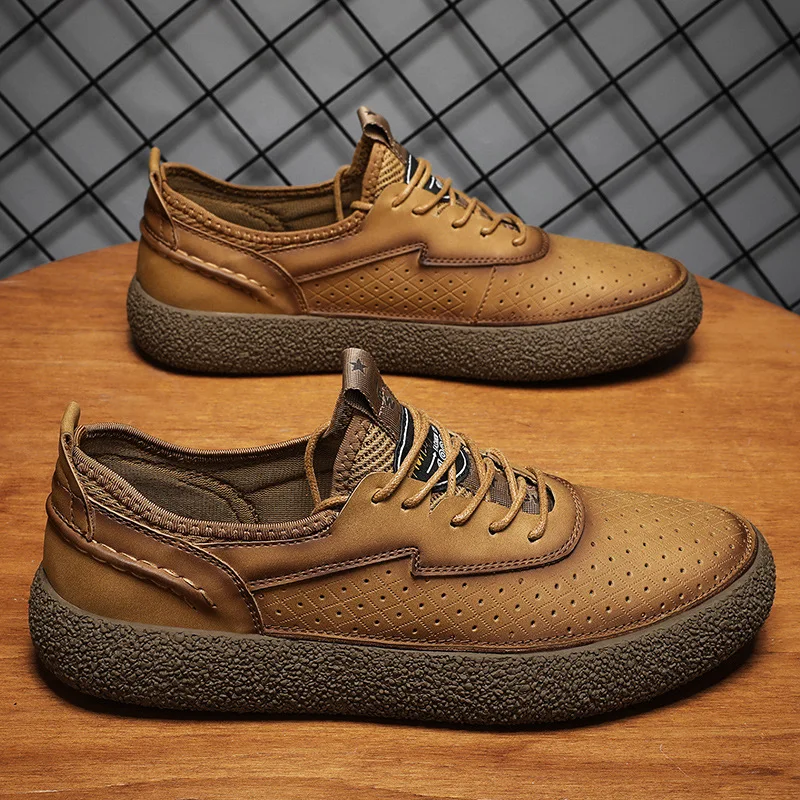 Perforated Ventilation Men Leather Casual Shoes Comfortable Breathable Sneakers Outdoor Designer Walking Sneakers Business Shoes
