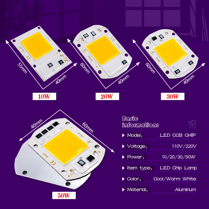 LED COB Chip 10W 20W 30W 50W AC 110V 220V Smart IC No Need Driver Led Lamp for Flood Light Spotlight DIY Lighting Light Source