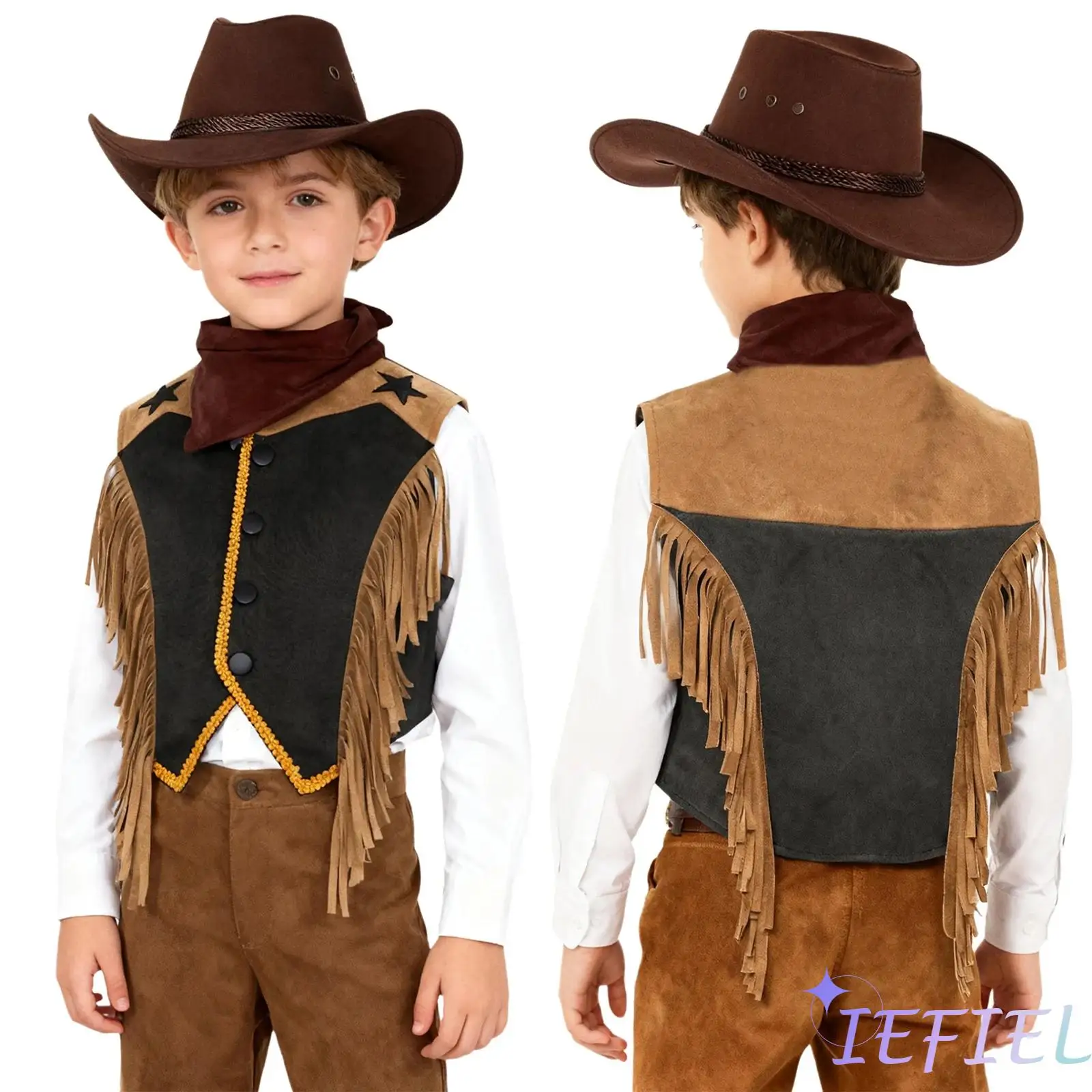 

Carnival Halloween Kids 3 Pcs Western Cowgirl Rodeo Outfit Cowboy Vest Waistcoat+Big Brim Drawstring Cowboys Hat+Paisley Bandana