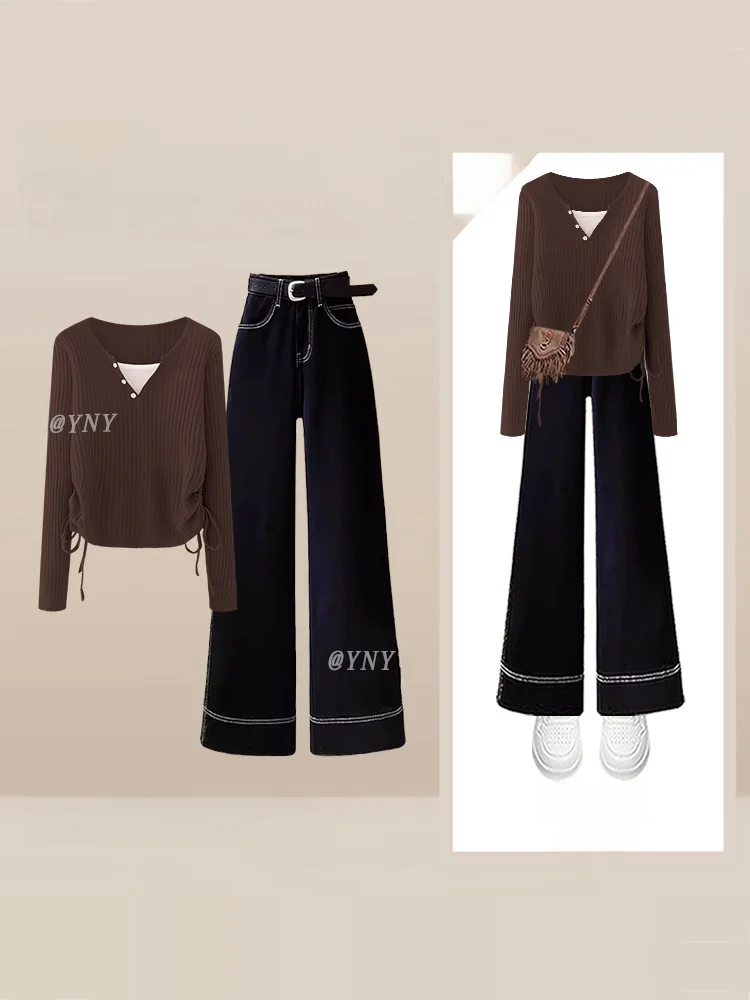 

Корейский вязаный свитер и джинсы прямого кроя для женщин больших размеров: модный комплект в винтажном стиле с эффектом потертости, создающий ощущение роскоши