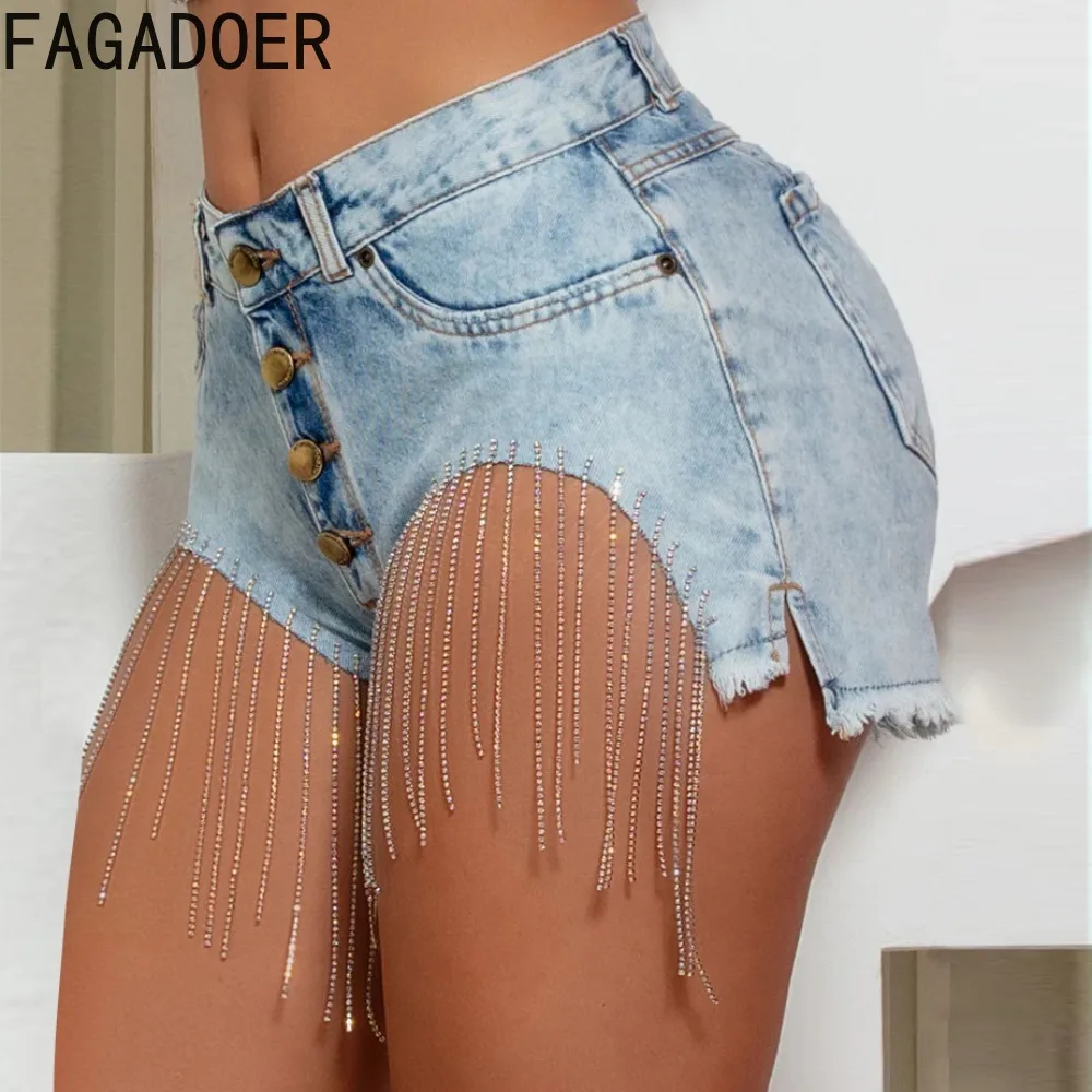 FAGADOER Fashion Y2K Tassels Hot Girl Denim Shorts Women High Waisted Button Pocket Shorts Summer New Cowboy Matching Clothing