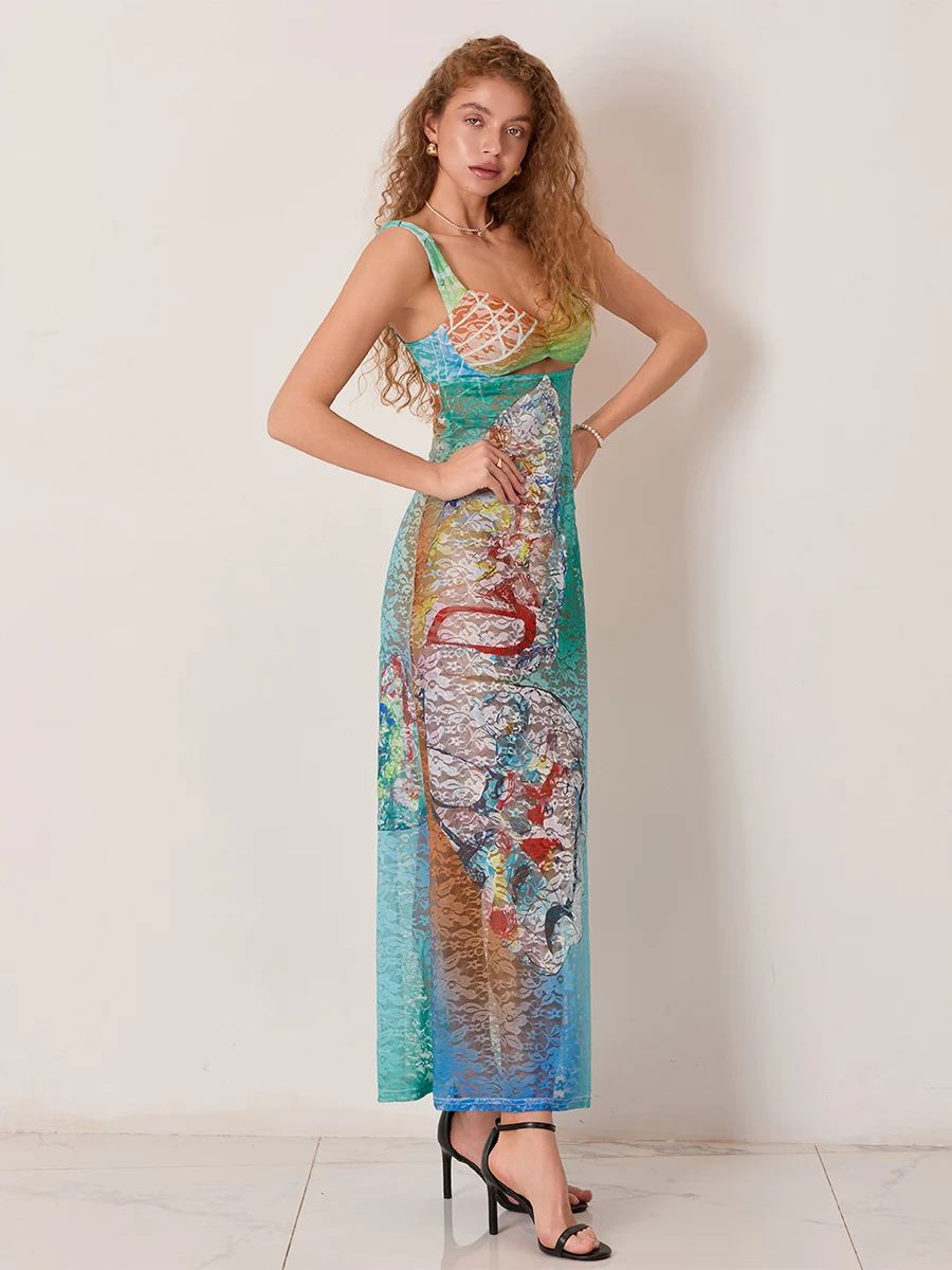 Women's Long Slim Cami Dress Party Summer Sleeveless Open Back Hollow Colored Pattern Print Straps Fitted Bodycon Maxi Dresses