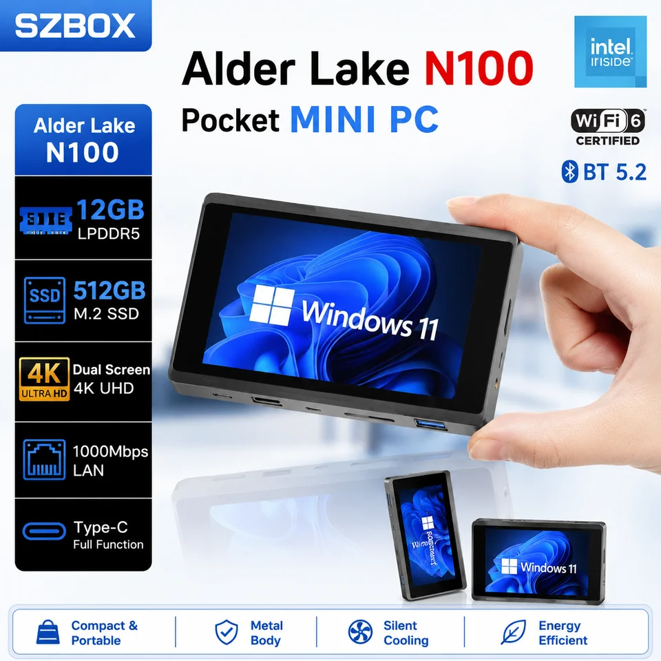 SZBOX JX5 Pocket Mini PC Intel Alder Lake N100 LPDDR5 12GB Windows
