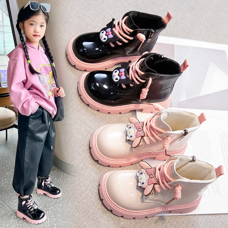 Sanrios Girls Fashion Leather Boots Children Kawaii High Top Casual Waterproof Sneaker Comfortable Platform Boots Casual Shoes