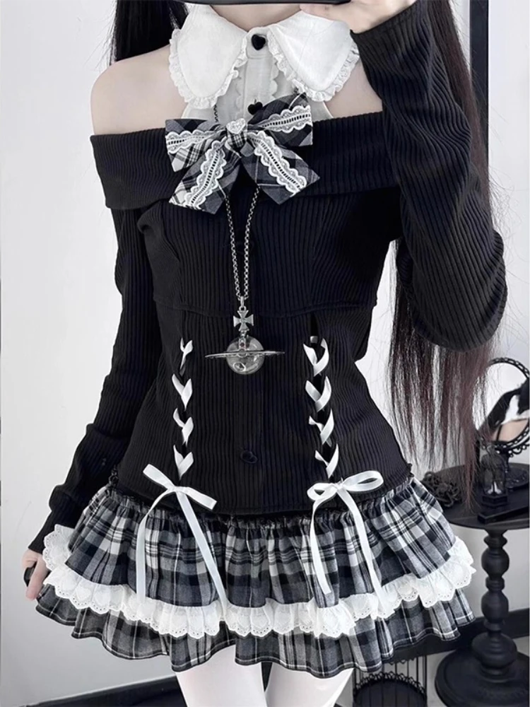 Japanese Subculture Gothic Y2k Lolita 2piece Set Women Design Sweet Bow Slash Neck Sweater +Plaid Skirt Korean Retro Outfits New