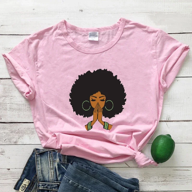 Y2k Short Sleeves T-shirt Colored Black Woman Praying Top  Aesthetic Black Queen Afro Hair Trendy Beautiful African Graphic Tee