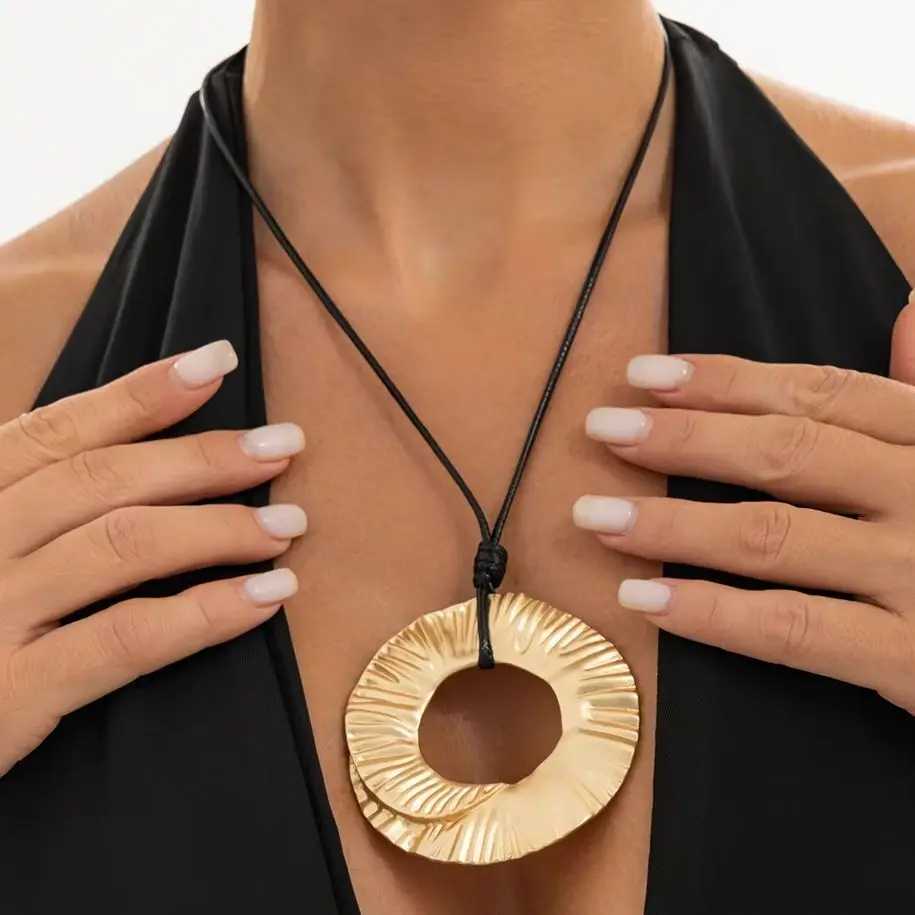KunJoe Exaggeration Gold Color Round Hollow Metal Pendant Necklace Women Boho Black Adjustable Wax Thread Rope Jewelery Accessor