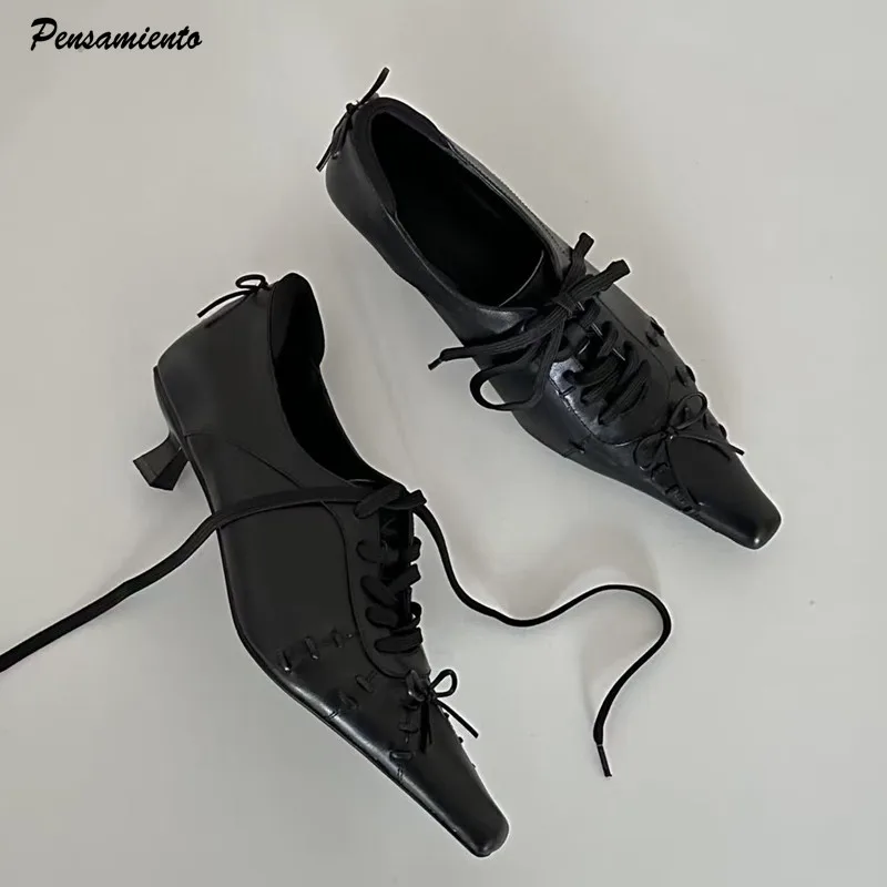 Vintage Square toe Leather Cross-tied Women Pumps Fashion Kitten Heeled Lace-up Gothic Witch Shoes Spring Autumn Y2K Loafers