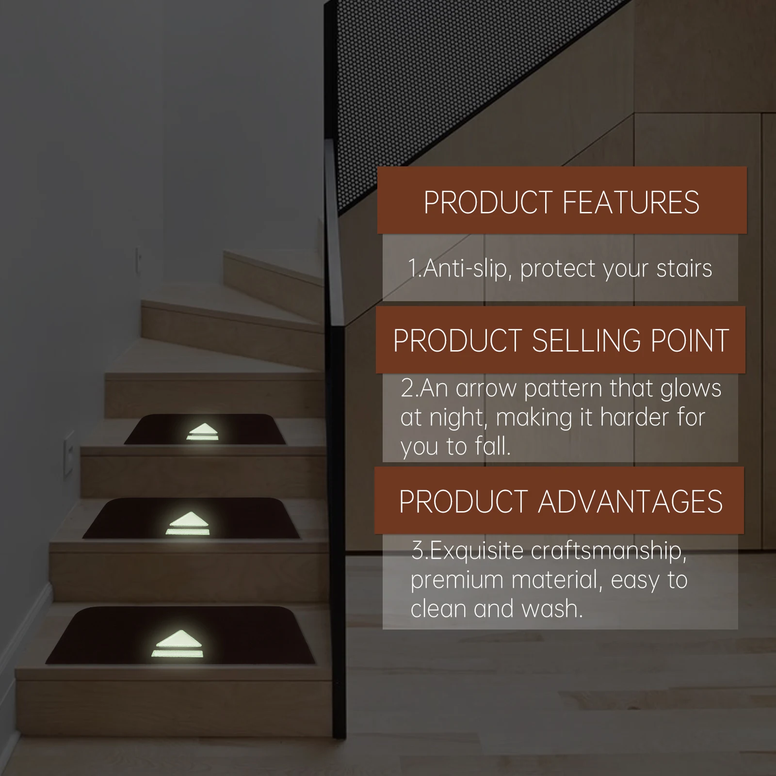 

3 Pcs Mat Non-slip Back Tread Mats Step for Stairs Anti-slip Pads Household Luminous Stair Mat Self-adhesive Stair Carpet Easy
