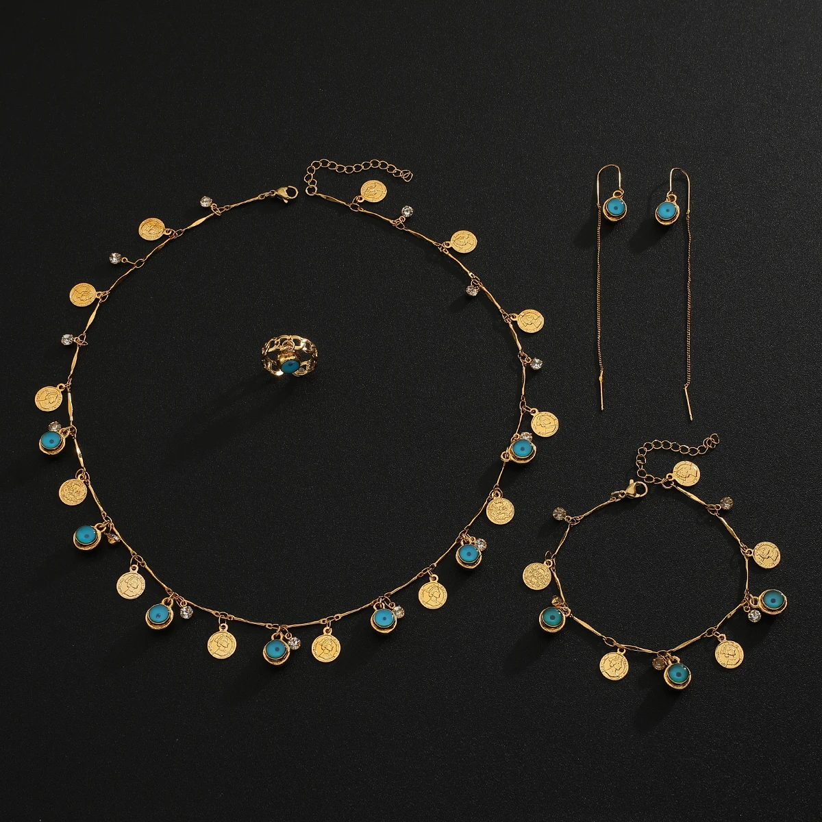 Hot sale Gold Plated 4Pcs blue eyes Coin Jewelry Set tassel Pendant Necklace  Earrings Ring Bracelet Vintage Boho  Party Gift
