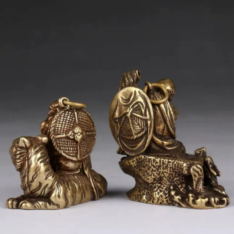 Antique Brass mini Dragon-Subduing Arhat Statue - Traditional Buddhist Luohan Sculpture, Desktop Shrine & Altar Ornament