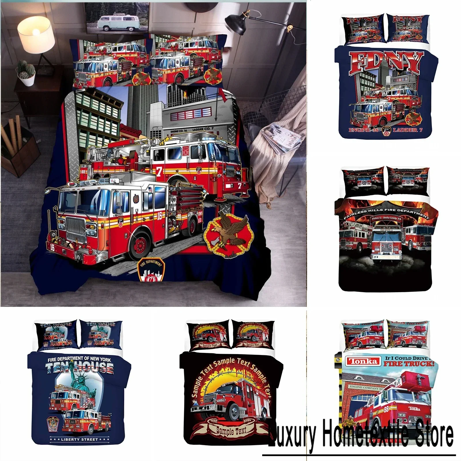 Firefighter Truck Duvet Cover King/Queen Size Red Firemen Car Bedding Set for Kids Boys Girls Fire Engine Polyester Quilt Cover