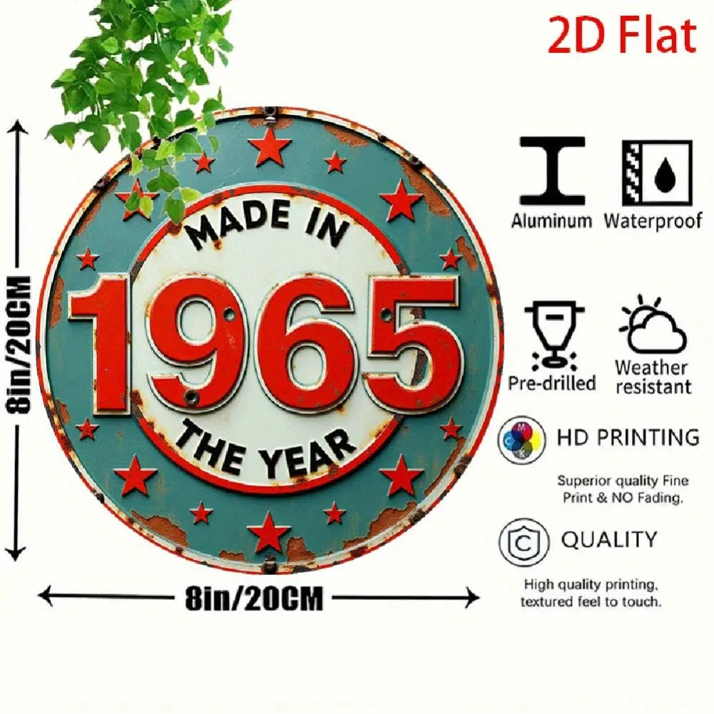 لافتة مسطحة ثنائية الأبعاد، قطعة واحدة عتيقة "صنع في عام 1965" من القصدير الألومنيوم - لوحة فنية جدارية ريفية بنجوم حمراء وتصميم أزرق مخضر وأبيض