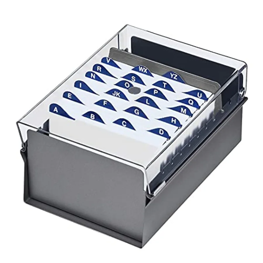 

4 x 6 Card File Holder Organizer Box Metal Base Heavy Duty AZ Index Cards and Divider Included (Gray Color with Clear Crystal P