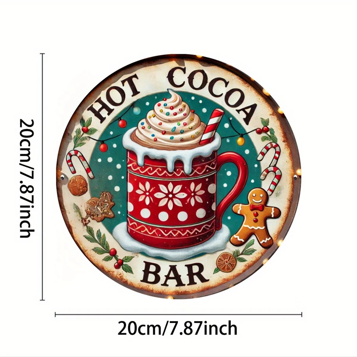Vintage Hot Cocoa Bar Christmas Round Tin Sign, Retro 3D Effect Festive Hot Chocolate Mug with Gingerbread Man Candy Cane Metal