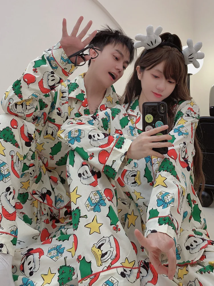 Disney Christmas Mickey Pajamas 2 Piece Set Women Long Sleeve Top Shirts Loose Trousers Y2k Home Clothes Trend Cartoon Sleepwear