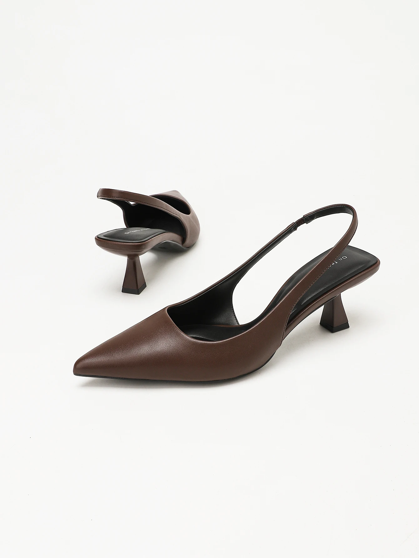 WOMEN BROWN SLINGBACK HEELS POINTED TOE LOW GEOMETRIC KITTEN HEEL BACKLESS PUMPS CASUAL OFFICE DATE WORK SHOES