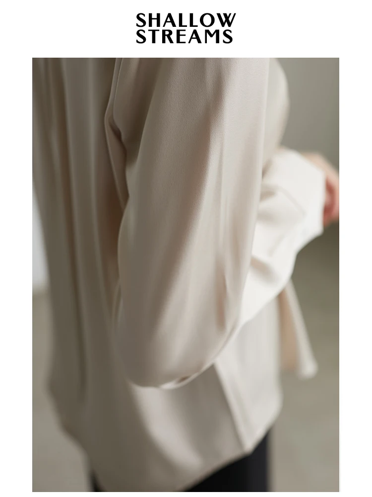 

Slow Strs Women's Champagne Satin Drapey irt OL Sle Pure Color Collar Long Sve Slim Fit Busin Top