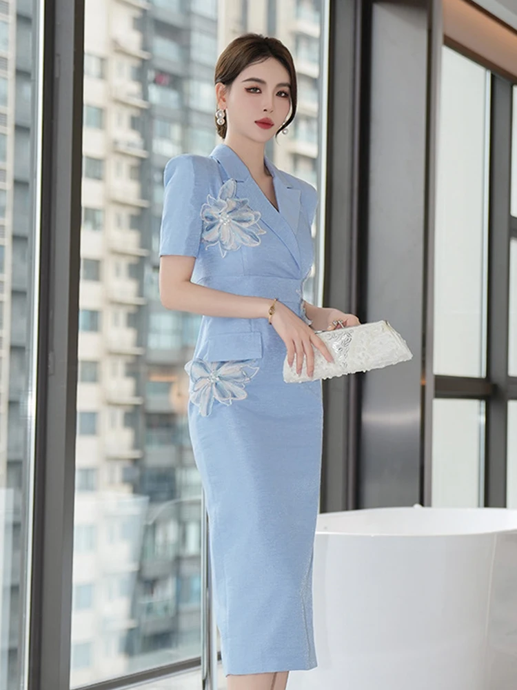 Fashion Elegant Formal Dress Women Clothes Noble Professional Blue Floral High Waist Midi Robe Business Party Banquet Vestidos