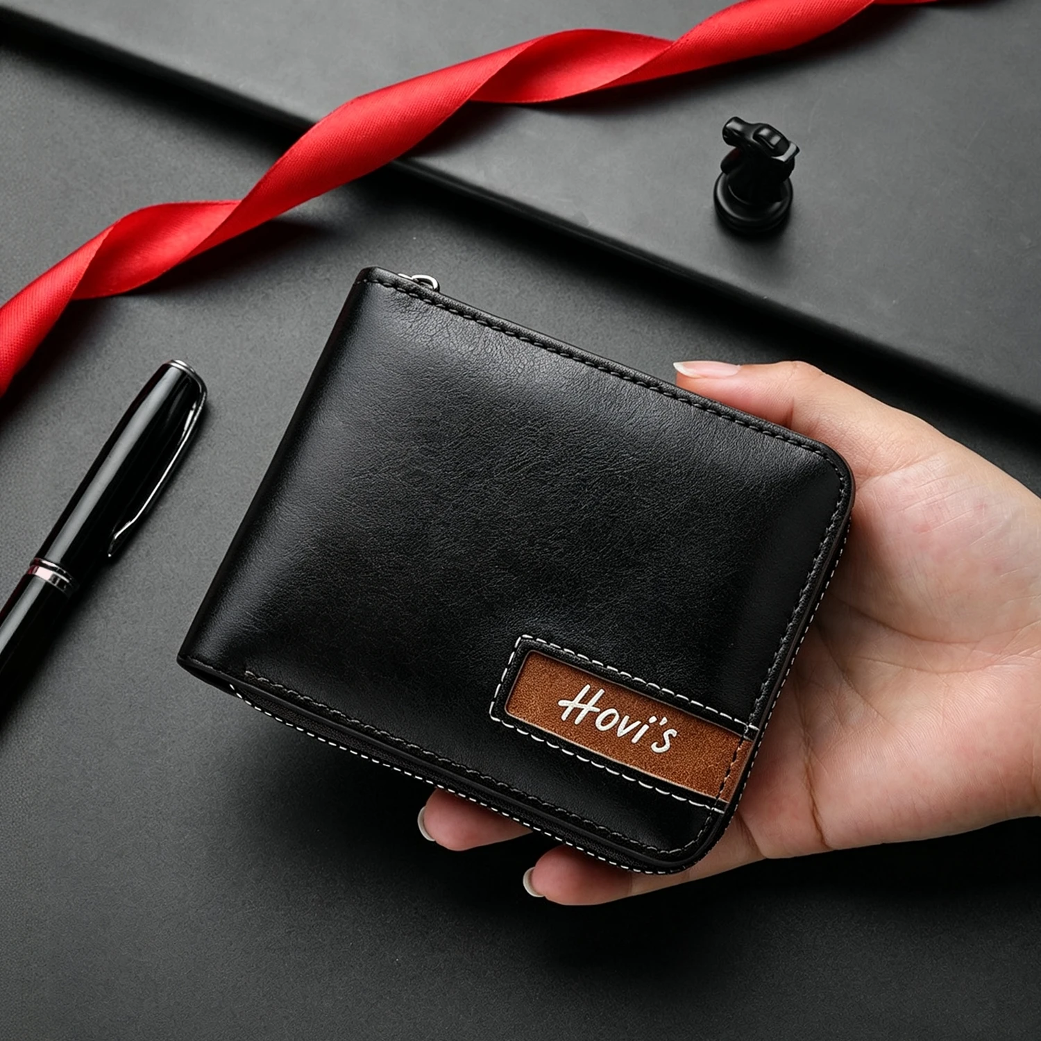 Men PU Leather Zipper Around Short Bifold Wallet, Multi‑Card Slots 2 ID Windows Coin Purse, Full Zip Business Casual Wallet