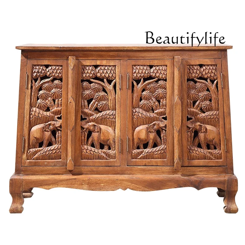 

Solid wood carving flower entrance cabinet South East Asia style Chinese Zen living room decorative cabinet