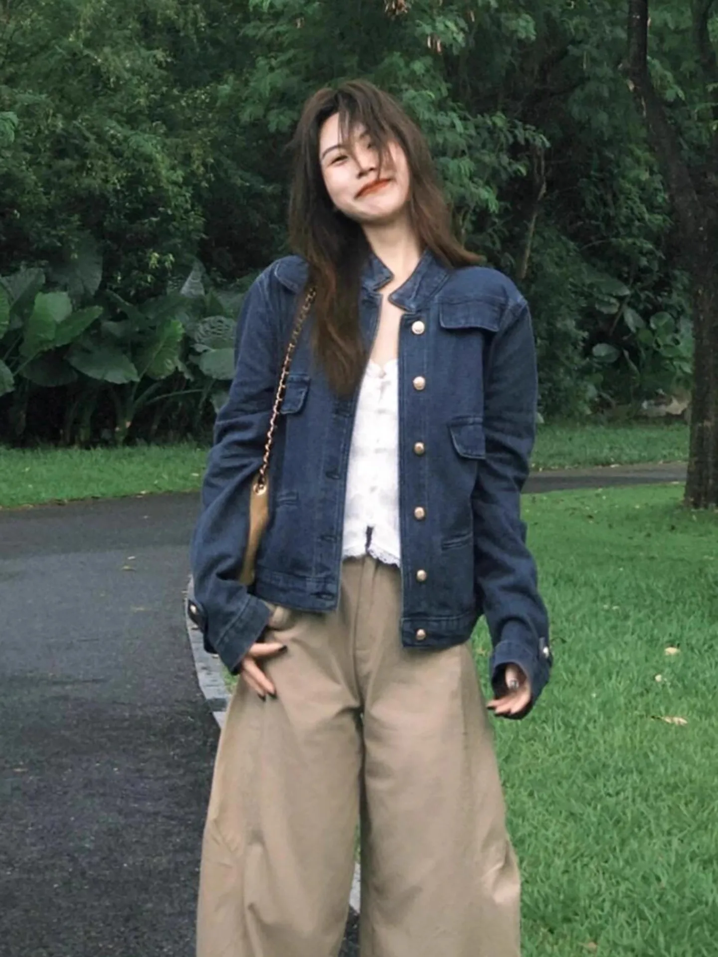 

Loose Fit Korean Sle Retro Denim Jaet Stand Collar Casual Faion Autumn New Arrival Women's ort Coat Button ket Detail