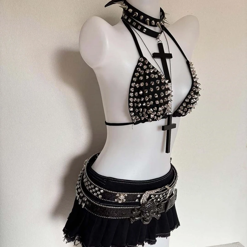 Halter Triangle Sexy Sling Decorative Rivets Hot Girl Short Slim Fit Niche Design Street Punk Bikini Ins Style