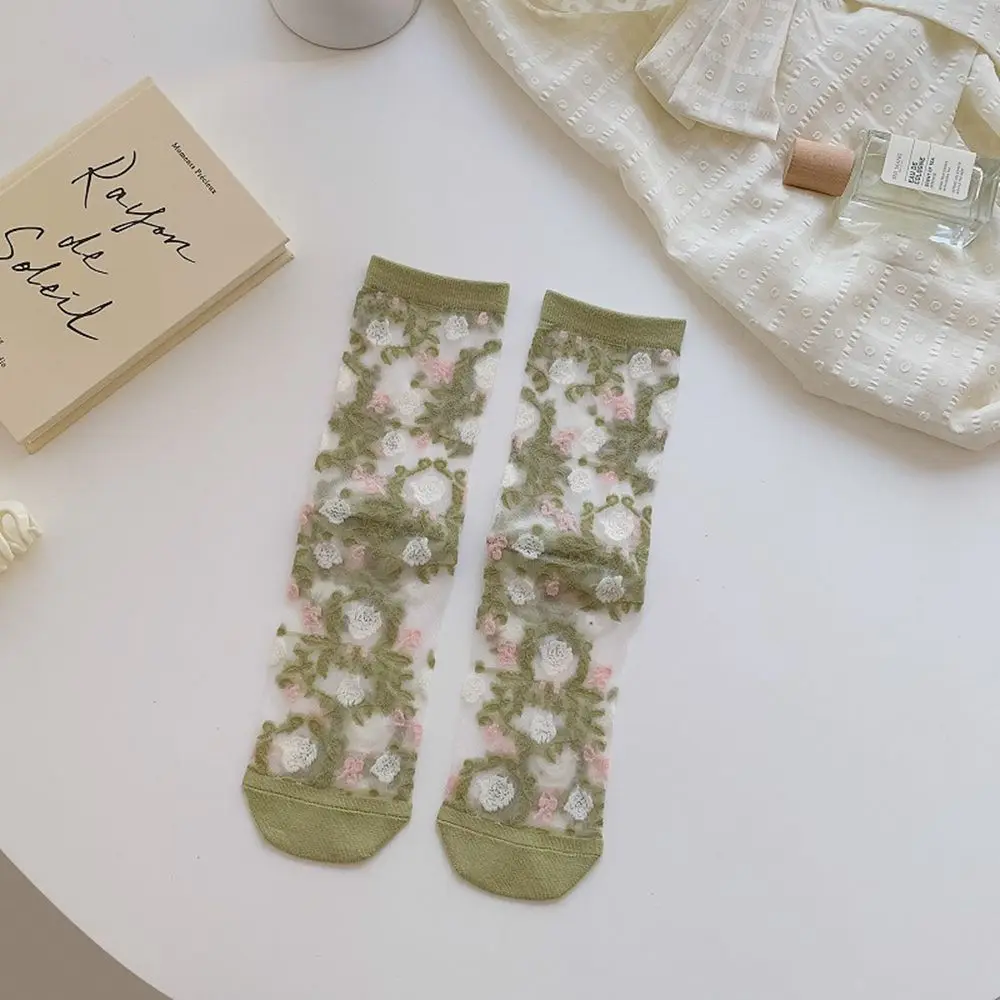 Kawaii Sweet Embroidery Mesh Crystal Silk Socks Korean Middle Tube Socks Women's Socks Floral Hosiery Flower Socks