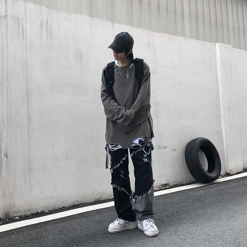 Mens Jeans Pants With Hole Casual Vintage Straight Leg Korean Fashion Streetwear Harajuku Trousers