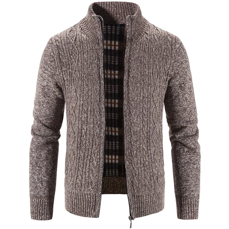 Winter Autumn New Sweater Knit Cable Cardigan Men Business Casual Jacket Zipper Up Solid Color Turn-down Coat Fleece Clothes
