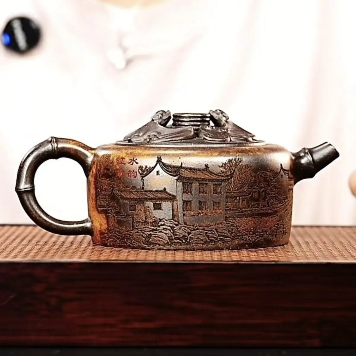 Old Chinese Handcraft Enameled  YiXing Zi Sha Clay  (yellow stoneware) Teapot,Dragon,with mark,Free shipping