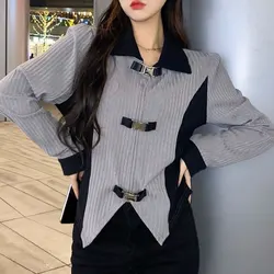 Korean Solid Color Patchwork Shirt Spring Autumn Long Sleeve Women's Clothing Commute Polo-Neck Casual Fashion Irregular Blouse