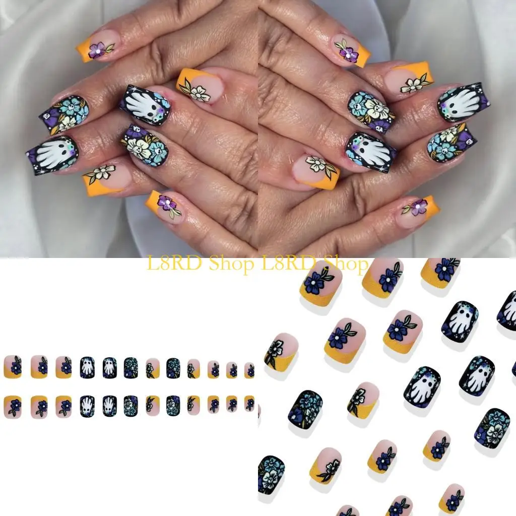 L8RD 24PCS Reusable Press On Halloween Theme Featuring Spooky Cobweb Skull Patterns And Comfortable ABS