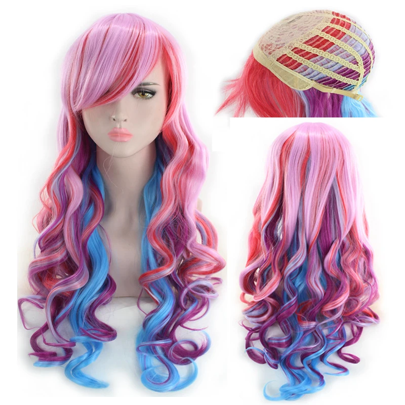 European American style women's cosplay anime wig, gradient color with side bangs and long curly hair