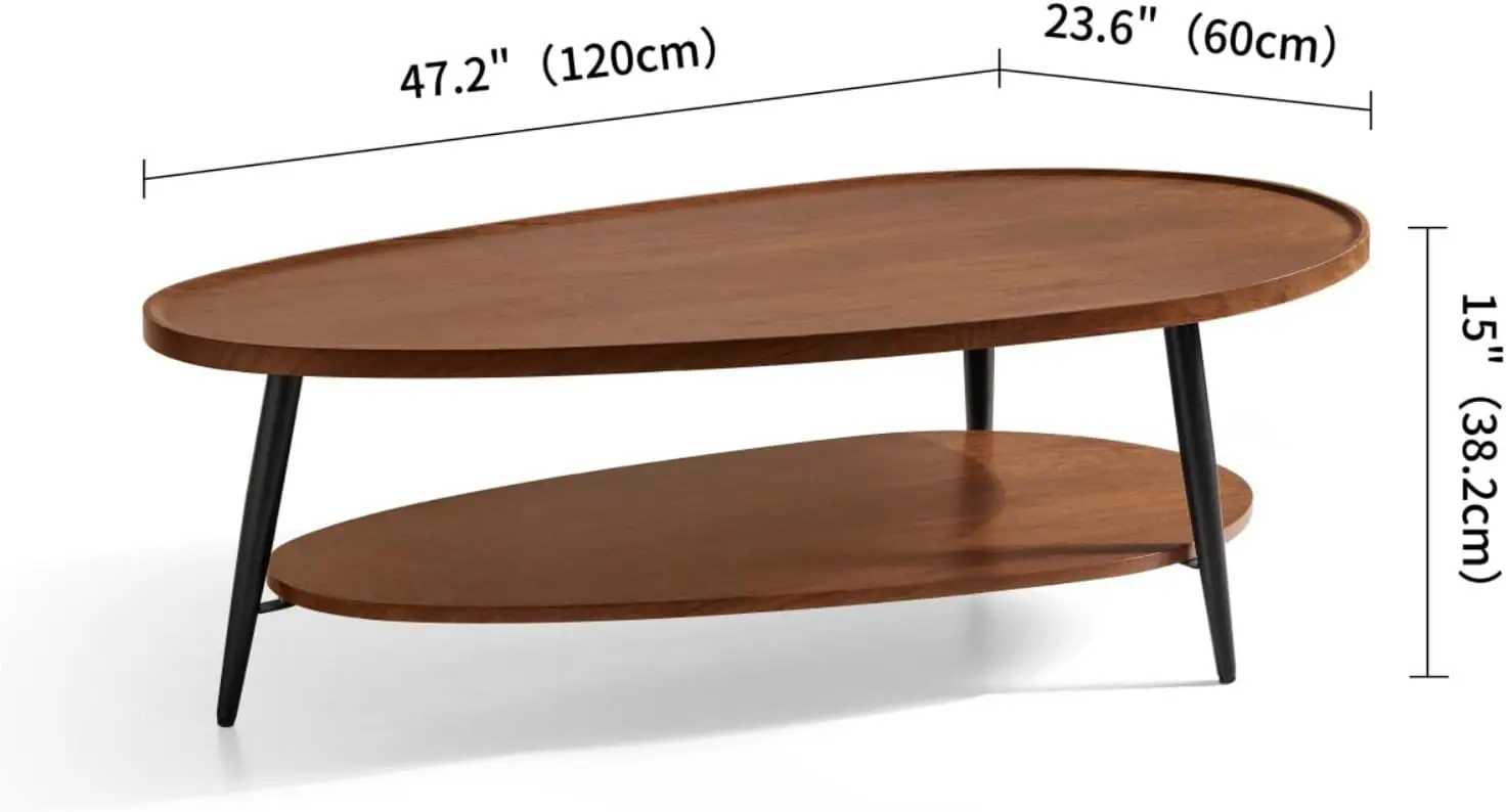 Oval Wood Coffee Table, Mid-Century Modern Coffee Table, Double Layer Center Table for Living Room, D47xW23.6xH15, Espresso