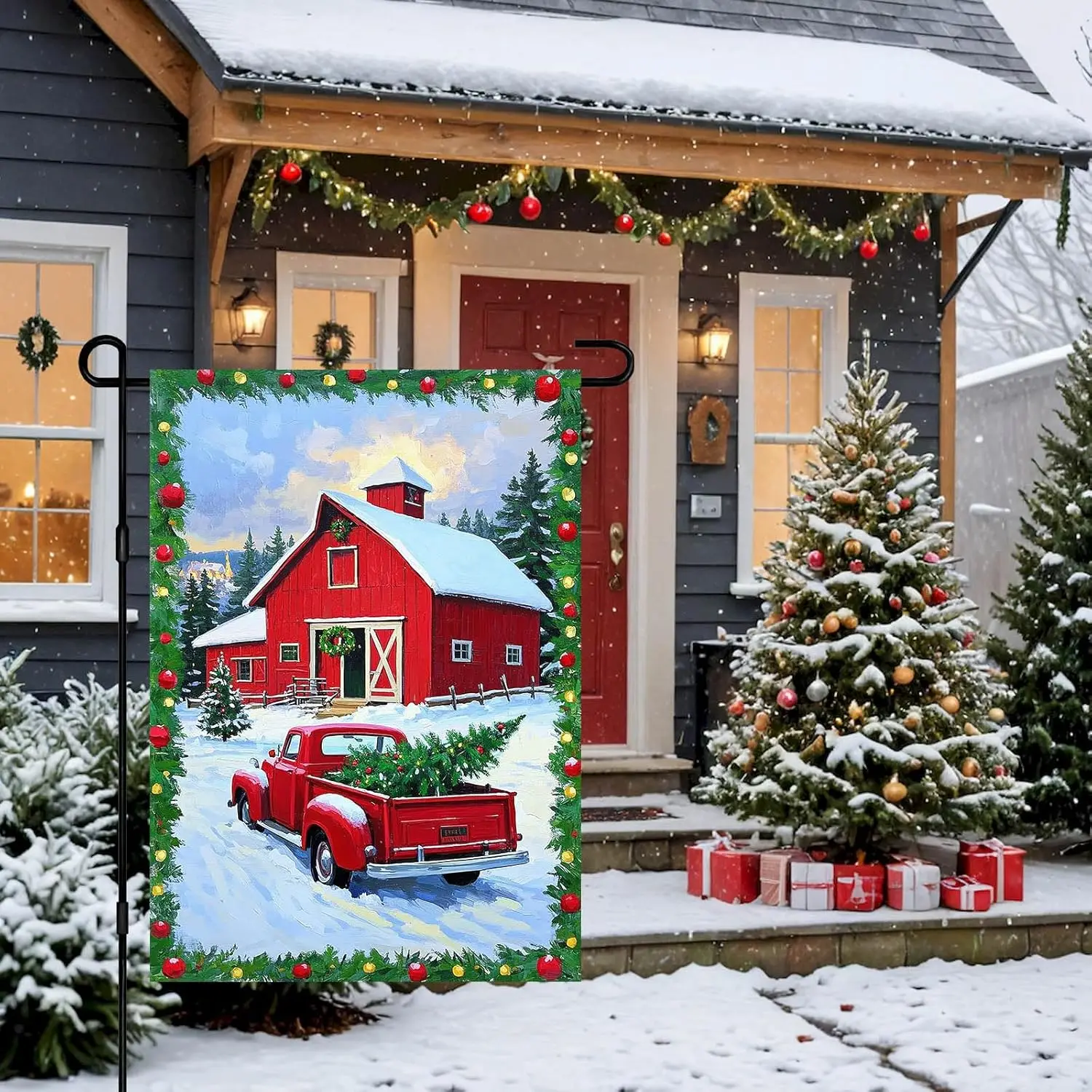 IVN Merry Christmas Garden Flag12x18 Inch Double Sided Red Farm Truck with Christmas Tree Christmas Outdoor Yard Flag for Ho EEZ
